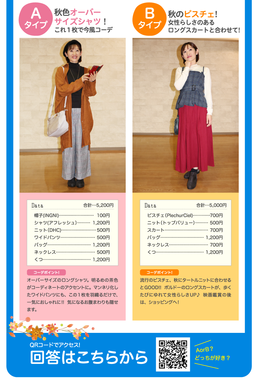 Aタイプ 秋色オーバーサイズシャツ！これ1枚で今風コーデ Data 合計…5,200円 帽子（INGNI）…100円 シャツ（アフレッシュ）…1,200円 ニット（DHC）…500円 バッグ…1,200円 ネックレス…500円 くつ…500円 コーデポイント♪ オーバーサイズのロングシャツ。明るめの茶色がコーディネートのアクセントに。マンネリ化したワイドパンツにも、この1枚を羽織るだけで、一気におしゃれに！！ 気になるお腹まわりも隠せます。 Bタイプ 秋のビスチェ！女性らしさのあるロングスカートと合わせて！ Data 合計…5,000円 ビスチェ(PlechurCiel)…700円 ニット（トップバリュー）…500円 スカート …500円 バッグ…1,200円 ネックレス…500円 くつ…500円 コーデポイント♪ 流行のビスチェ、秋にタートルニットに合わせるとGOOD！！ボルドーのロングスカートが、歩くたびにゆれて女性らしさUP♪映画鑑賞の後は、ショッピングへ！ ！AorB？どっちが好き？回答はこちらから QRコードでアクセス