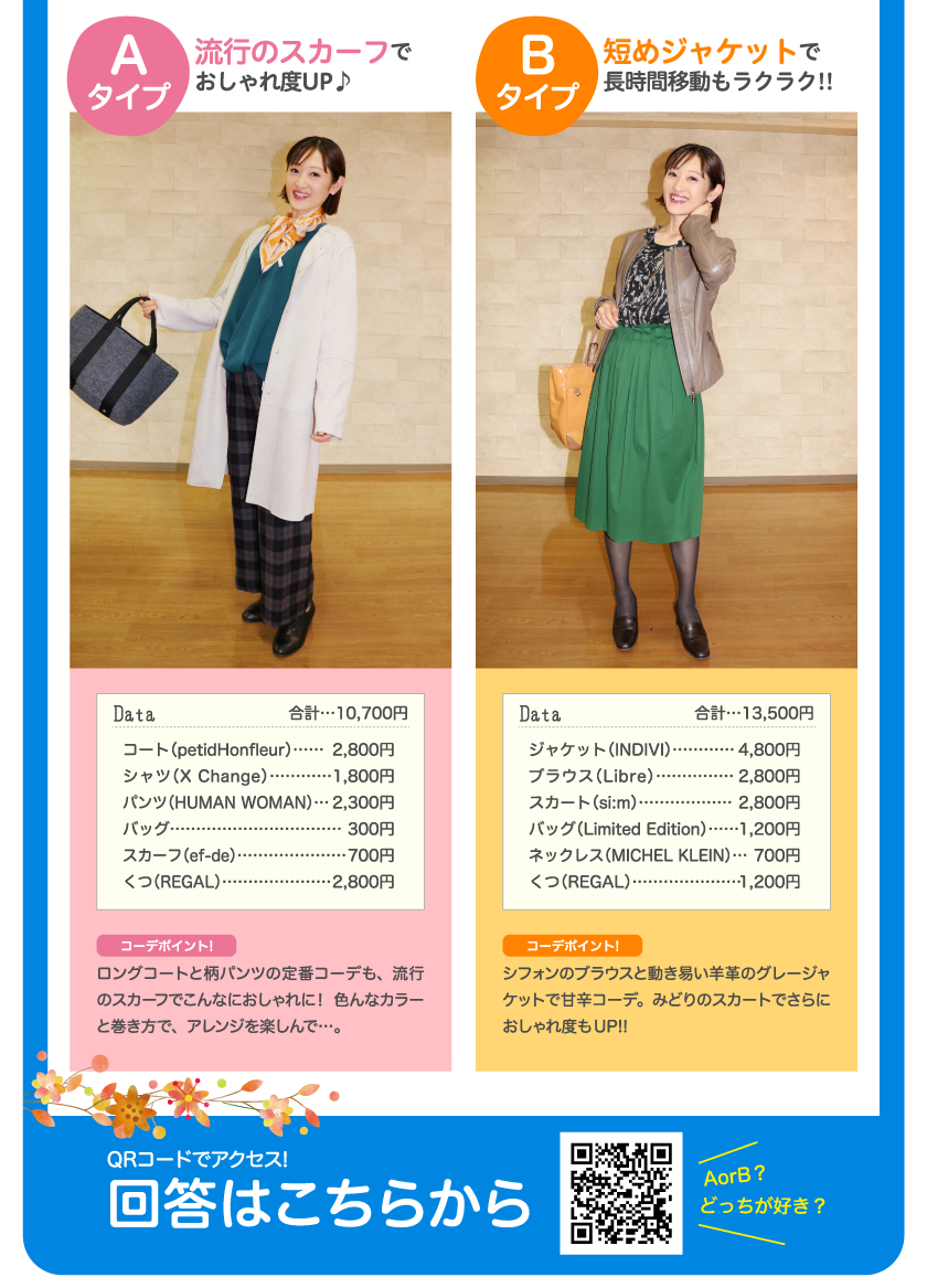 Aタイプ 流行のスカーフでおしゃれ度UP♪ Data 合計…10,700円 コート（petidHonfleur）…2,800円 
シャツ（X Change）…1,800円 パンツ（HUMAN WOMAN）…2,300円 バッグ…300円 スカーフ（ef-de）…700円 くつ（REGAL）…2,800円 コーデポイント！ロングコートと柄パンツの定番コーデも、流行のスカーフでこんなにおしゃれに！ 色んなカラーと巻き方で、アレンジを楽しんで…。 Bタイプ 短めジャケットで長時間移動もラクラク！！ Data 合計…13,500円 ジャケット（INDIVI）…4,800円 ブラウス（Libre）…2,800円 スカート（si:m）…2,800円 バッグ（Limited Edition）…1,200円 ネックレス（MICHEL KLEIN）…700円 くつ（REGAL）…1,200円 コーデポイント！ シフォンのブラウスと動き易い羊革のグレージャケットで甘辛コーデ。みどりのスカートでさらにおしゃれ度もUP！！ AorB？どっちが好き？回答はこちらから QRコードでアクセス