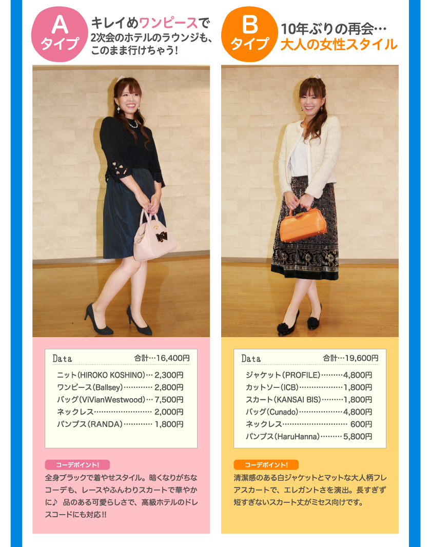 Aタイプ キレイめワンピースで2次会のホテルのラウンジも、このまま行けちゃう！ Data 合計…16,400円 ニット（HIROKO KOSHINO） … 2,300円 ワンピース（Ballsey）…2,800円 バッグ（ViVianWestwood）…7,500円 ネックレス…2,000円 パンプス（RANDA）…1,800円 コーデポイント！ 全身ブラックで着やせスタイル。暗くなりがちなコーデも、レースやふんわりスカートで華やかに♪品のある可愛らしさで、高級ホテルのドレスコードにも対応！！ Bタイプ 10年ぶりの再開…大人の女性スタイル Data 合計…19,600円 ジャケット（PROFILE）…4,800円 カットソー（ICB）…1,800円 スカート（KANSAI BIS）…1,800円 バッグ（Cunado）…4,800円 ネックレス…600円 パンプス（HaruHanna）…5,800円 コーデポイント！ 清潔感のある白ジャケットとマットな大人柄フレアスカートで、エレガントさを演出。長すぎず短すぎないスカート丈がミセス向けです。