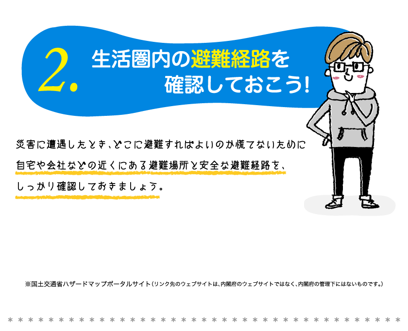 2.生活圏内の避難経路を確認しておこう!災害に遭遇したとき、どこに避難すればよいのか慌てないために 自宅や会社などの近くにある避難場所と安全な避難経路を、しっかり確認しておきましょう。