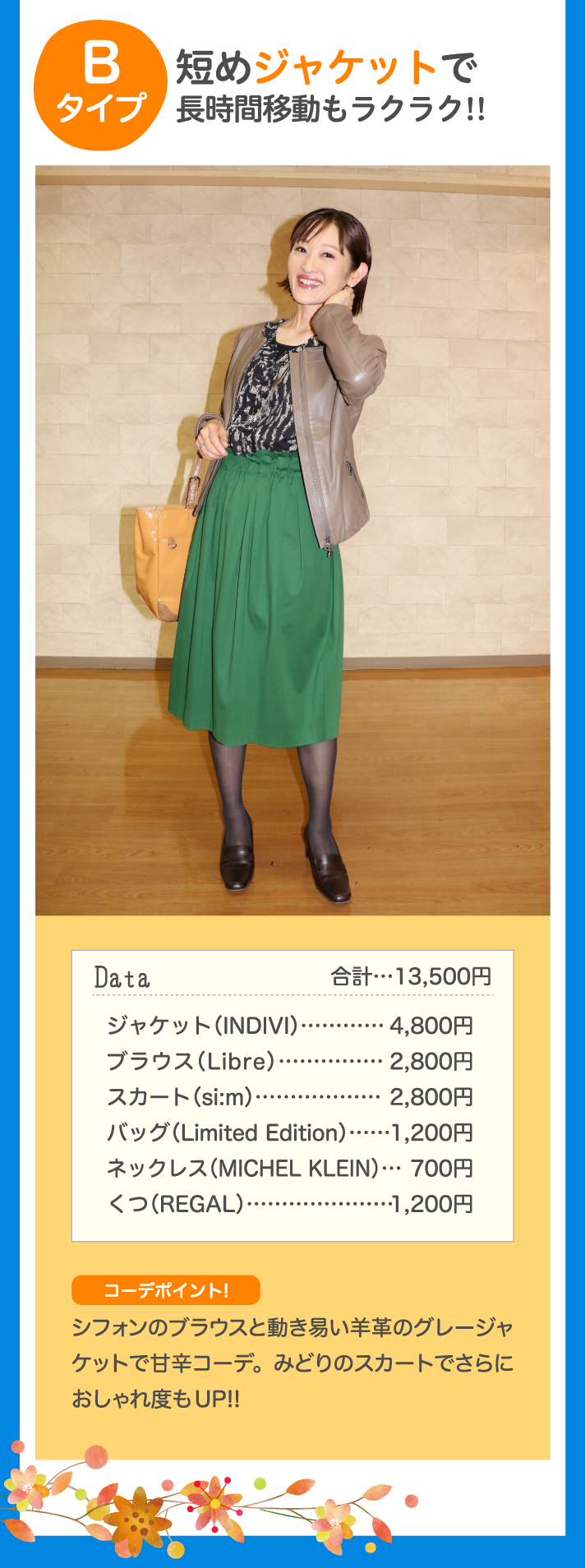 Bタイプ 短めジャケットで長時間移動もラクラク！！ Data 合計…13,500円 ジャケット（INDIVI）…4,800円 ブラウス（Libre）…2,800円 スカート（si:m）…2,800円 バッグ（Limited Edition）…1,200円 ネックレス（MICHEL KLEIN）…700円 くつ（REGAL）…1,200円 コーデポイント！ シフォンのブラウスと動き易い羊革のグレージャケットで甘辛コーデ。みどりのスカートでさらにおしゃれ度もUP！！