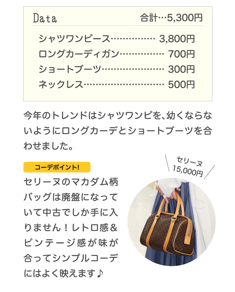 Data合計…5,300円シャツワンピース……………3,800円ロングカーディガン……………700円ショートブーツ…………………300円ネックレス………………………500円今年のトレンドはシャツワンピを、幼くならないようにロングカーデとショートブーツを合わせました。コーデポイント!セリーヌのマカダム柄バッグは廃盤になっていて中古でしか手に入りません！レトロ感＆ビンテージ感が味が合ってシンプルコーデにはよく映えます♪
