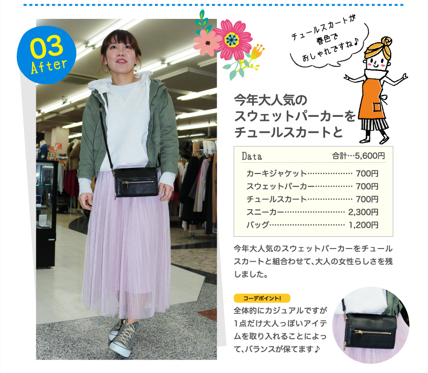 After03今年大人気のスウェットパーカーをチュールスカートとチュールスカートが春色でおしゃれですね♪Data合計…5,600円カーキジャケット………………700円スウェットパーカー……………700円チュールスカート………………700円スニーカー……………………2,300円バッグ…………………………1,200円今年大人気のスウェットパーカーをチュールスカートと組合わせて、大人の女性らしさを残しました。コーデポイント!全体的にカジュアルですが1点だけ大人っぽいアイテムを取り入れることによって、バランスが保てます♪